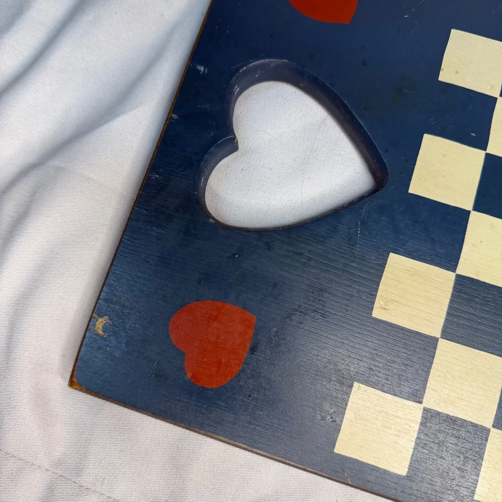 Vintage Wooden Checkerboard Serving Tray Heart Cutout Handles Navy granny core
